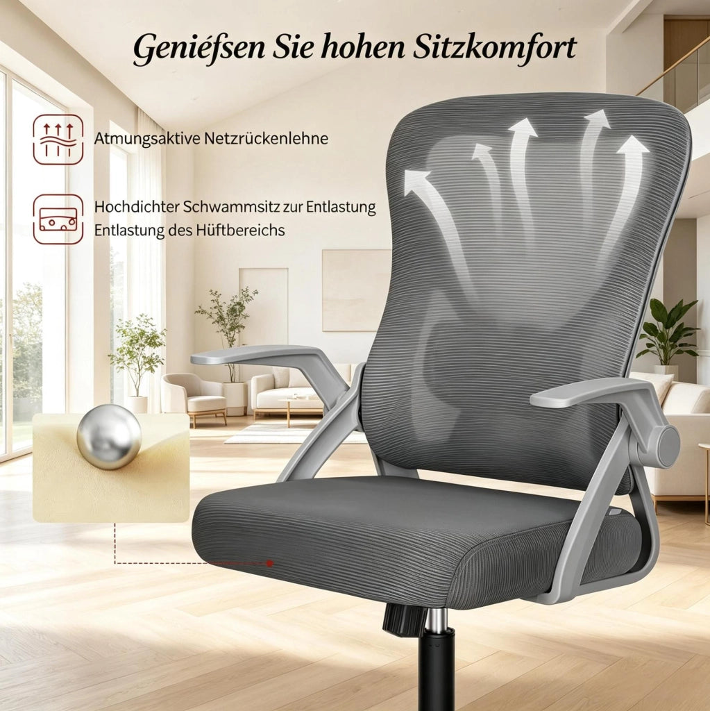 Sedia da ufficio ergonomica grigia con braccioli pieghevoli