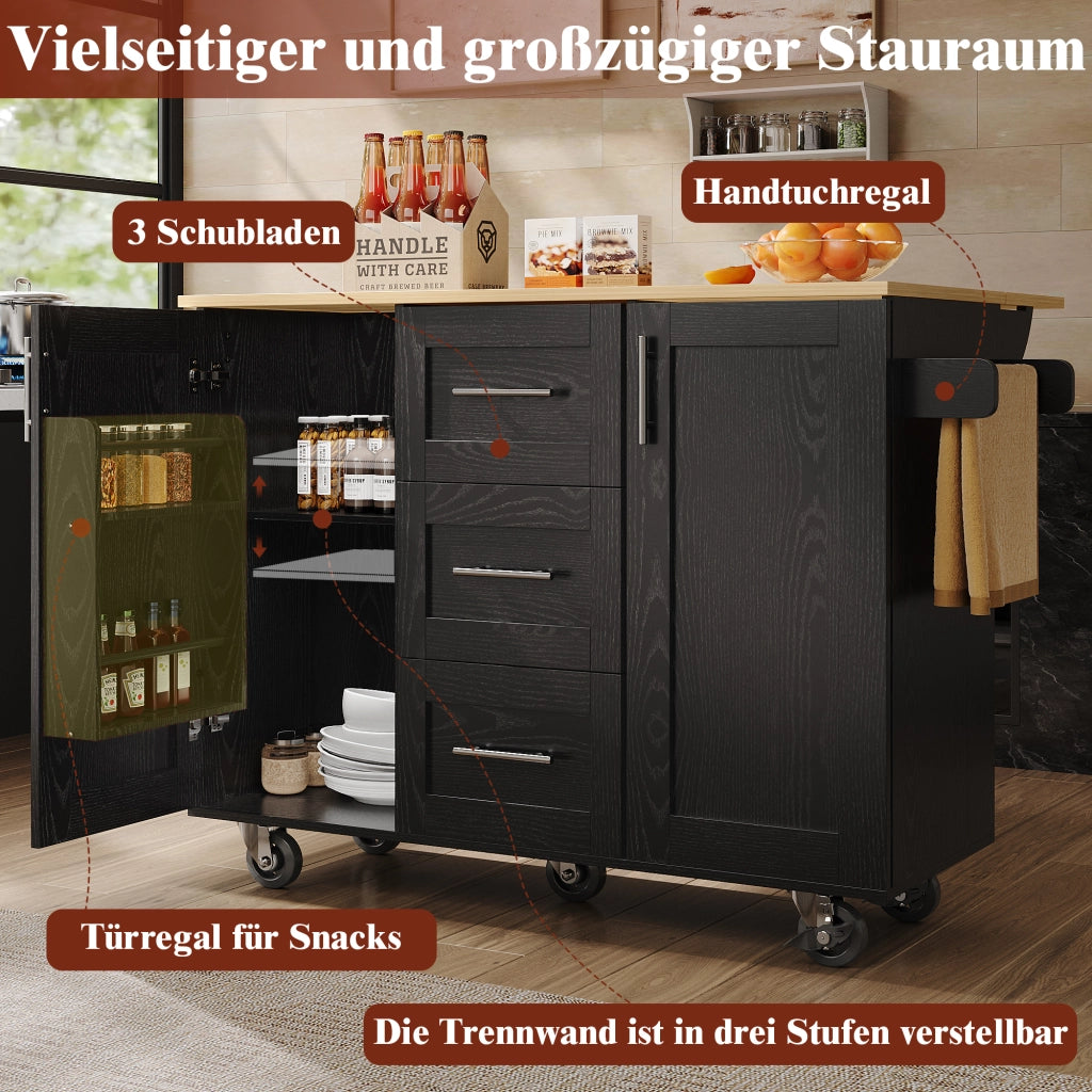 Isola Cucina con Ruote ¨C MINIMAL ¨C Nero, Legno, Ripiani, Portasalviette