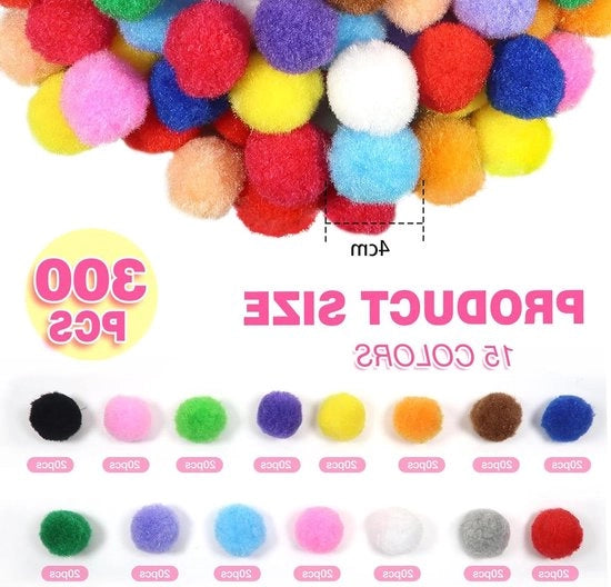 Set di Pomponi Grandi da 300 pezzi - 4 cm - Colorati - Plush - Materiali per Fai da Te - Attrezzature per Lavori Manuali