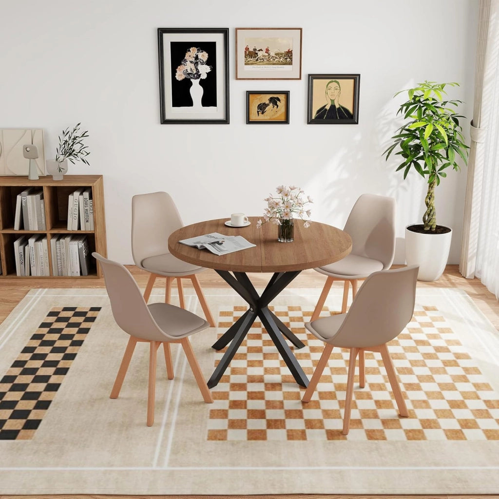 GrandCA HOME Set da pranzo Tavolo da pranzo con 4 sedie, Tavolo da pranzo rotondo in legno 100 * 100 * 75 cm, 4 sedie con schienale alto, Gambe in legno di faggio, (Marrone scuro + Nero)