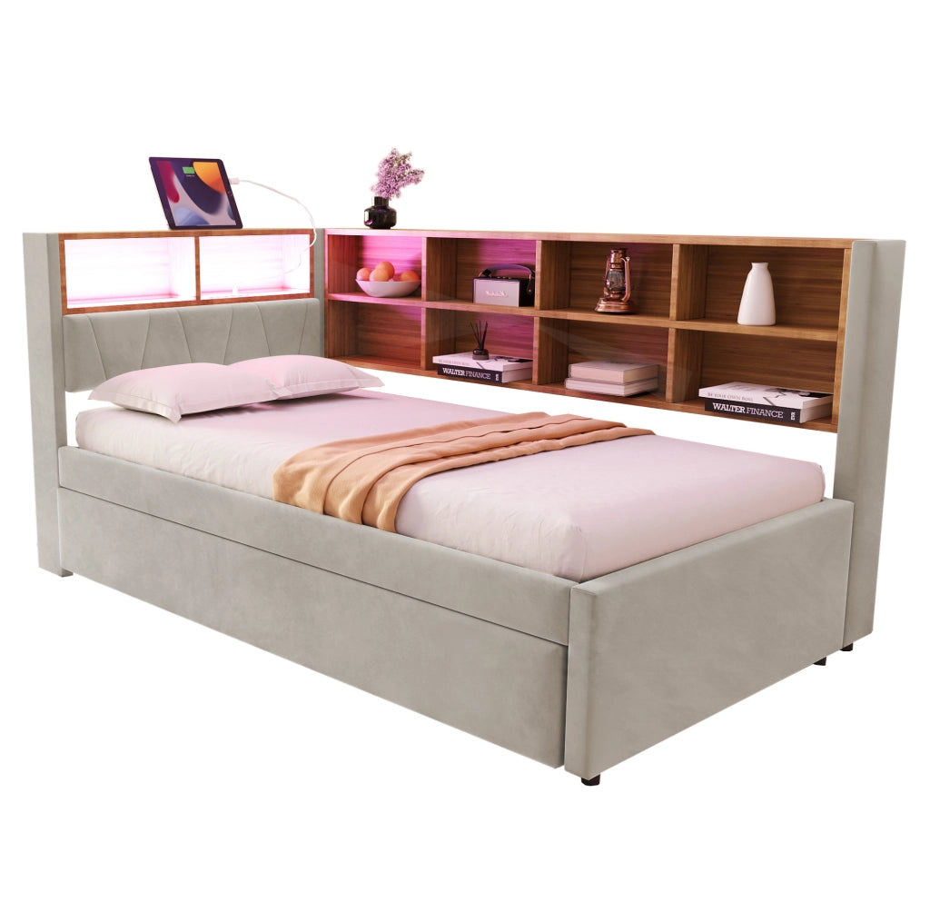 Divano letto singolo estraibile 90x200 cm grigio chiaro con LED