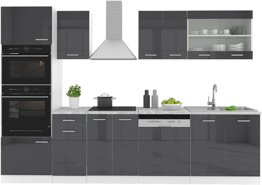Cucina componibile R-Line, Antracite lucido, 300 cm con armadio alto, PL Marmo, con moduli disposti in modo variabile e piedini regolabili in altezza