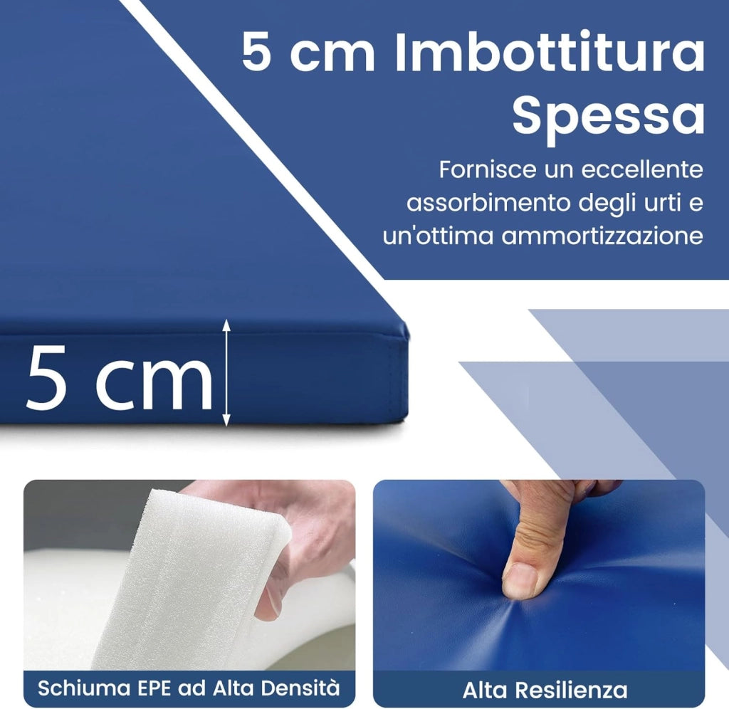 Tappetino per Ginnastica Pieghevole a 4 Pannelli con Maniglie, 300 x 117 x 5 CM, Tappetino in Ecopelle con Chiusure a Strappo per Ginnastica, Yoga, Stretching & Capriole