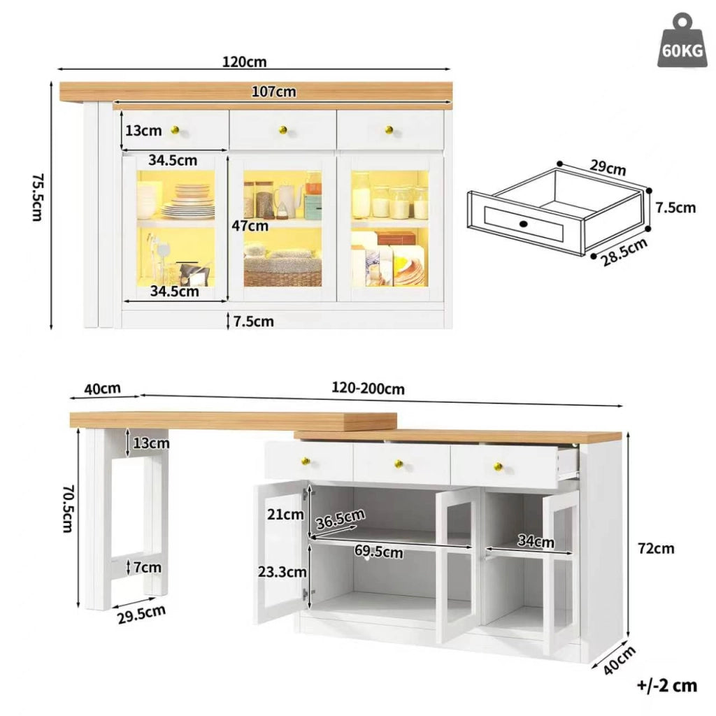 Tavolo da Cucina Allungabile con LED e Cassetti ¨C MINIMAL ¨C Bianco/Nero, 120-200 cm