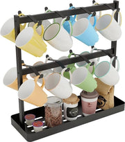 Scaffale per caffè - 16 ganci per tazze - appoggio per tazze a muro - base di archiviazione - 2 livelli di esposizione tazze - organizzatore di archiviazione per cucina - bar per caffè e tè - metallo nero