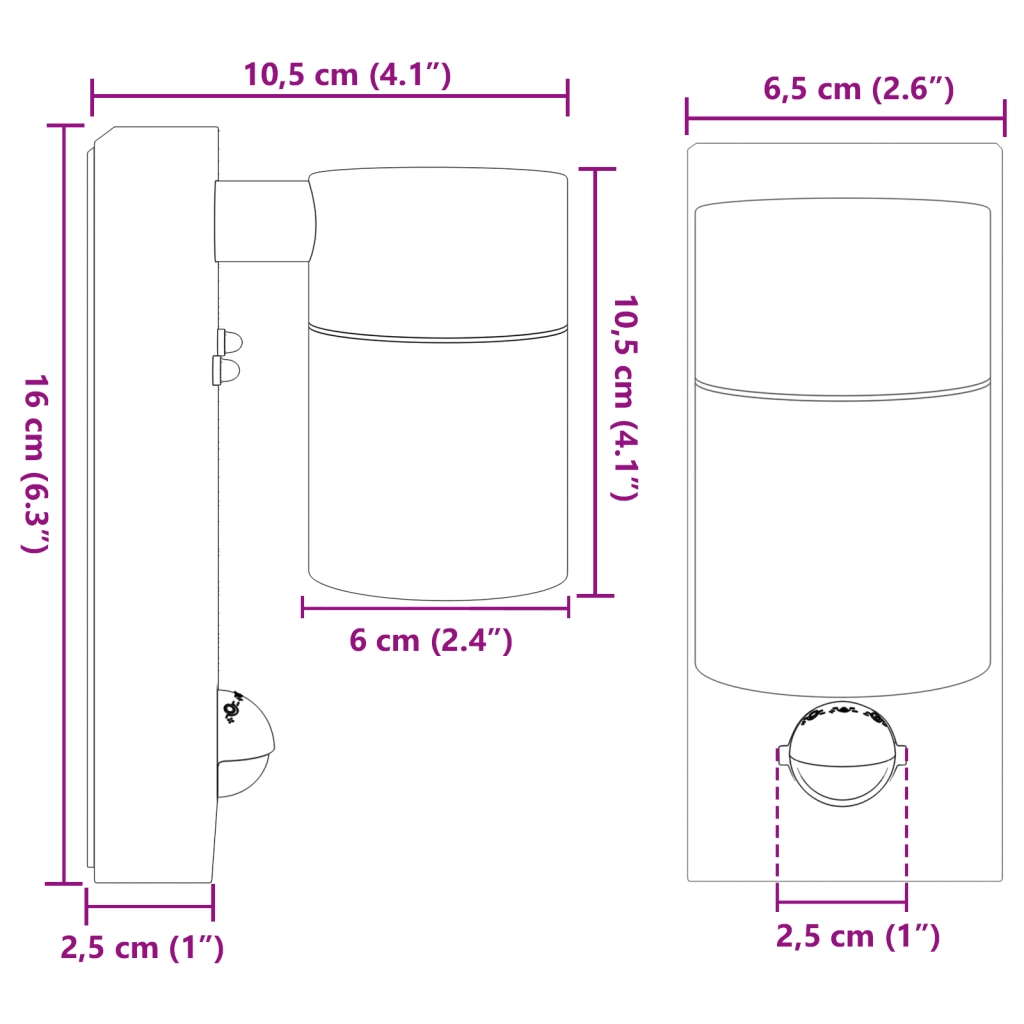 Lampada da Parete con Sensore Nera Acciaio Inossidabile IP44