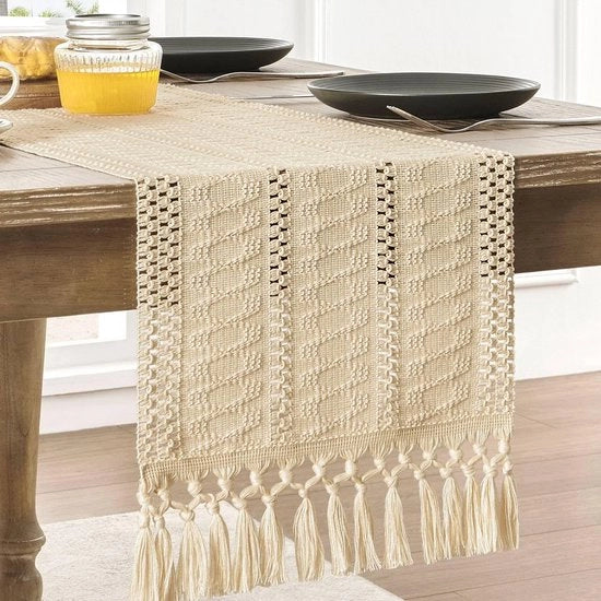 Tavolo da pranzo in stile boemo con misto cotone-lino-polyester e lino - 30 x 240 cm Tavolo da pranzo rustico - Decorazione da parete in tessuto - Tavolo da pranzo con chiodi cuciti - Ideale per una tavola da pranzo estiva o un girello da tè