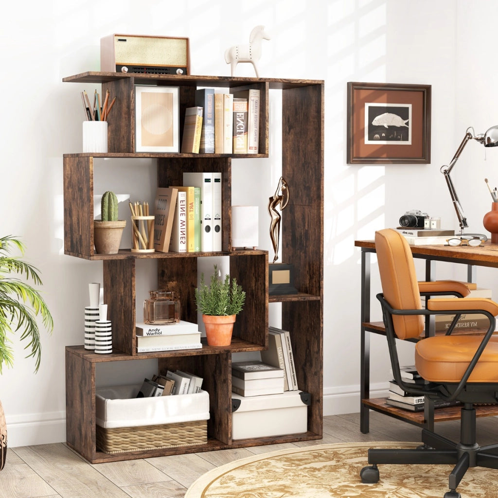 Grande libreria a 6 cubi con kit anti-ribaltamento unit¨¤ di scaffali autoportante, Libreria geometrica aperta Marrone-Scaffali e librerie