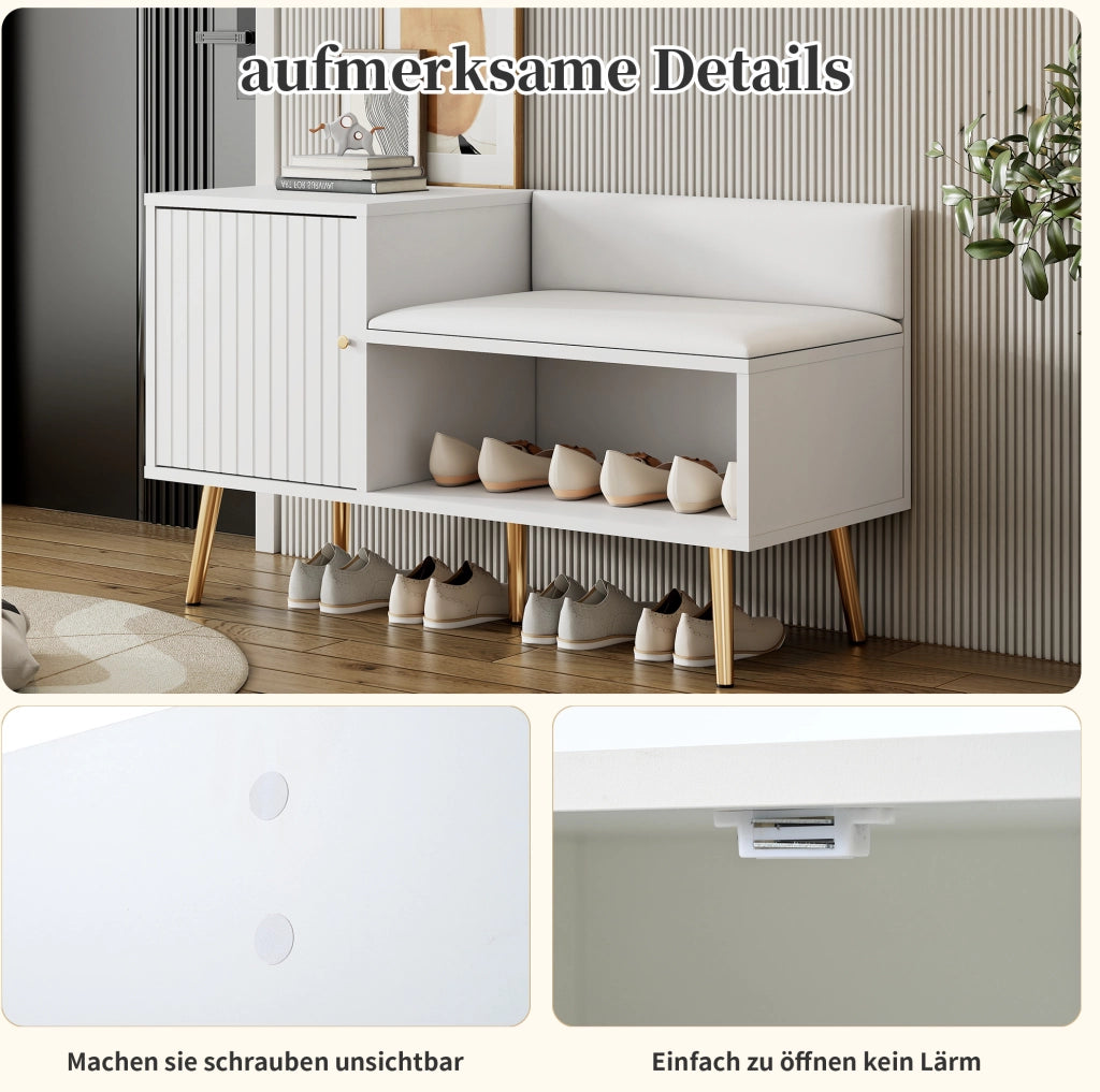Scarpiera con seduta e schienale 100x38x58 cm in truciolare bianco con dettagli oro