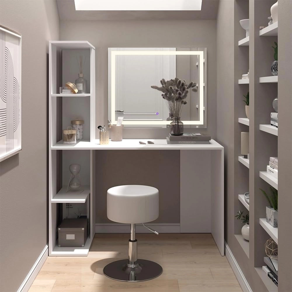Vicco Tavolo da toilette Tower, Bianco, 122.2 cm con illuminazione e sgabello, Superfici decorative per profumi e oggetti preferiti