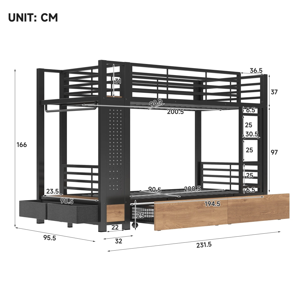 letto a castello mdf metallo nero 90 x 200 cm