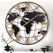 Cronometro da Parete 56CM Mappa Mundi con Orologio, Stile Art Deco in Metallo Nero, Numeri Romani in Oro, Cronometro Silenzioso per Salotto Camera da Letto Cucina Bar