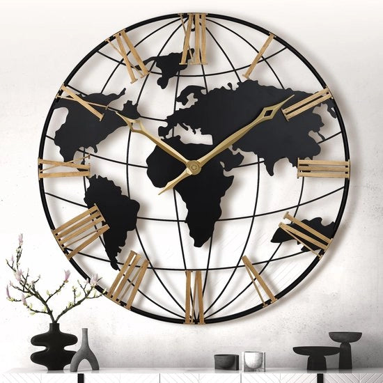 Cronometro da Parete 56CM Mappa Mundi con Orologio, Stile Art Deco in Metallo Nero, Numeri Romani in Oro, Cronometro Silenzioso per Salotto Camera da Letto Cucina Bar