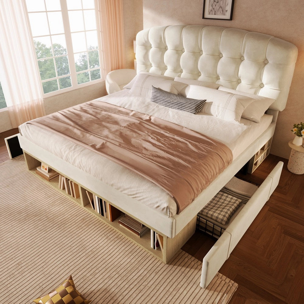 Letto Contenitore Matrimoniale Imbottito in Velluto ¨C MINIMAL ¨C Beige 140x200 con Cassetti e Testiera