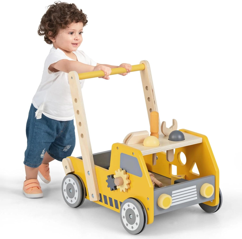 2-in-1 Primi Passi per Bambini con Altezza Regolabile, Girello in Legno con Banco da Lavoro, Carrello da Spinta con Giocattoli Montessori, Velocità Regolabile, Spazio di Archiviazione