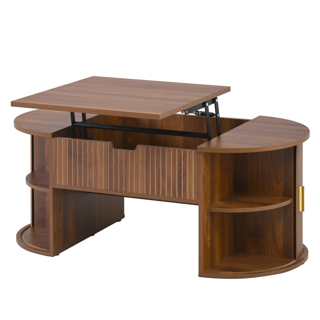 Tavolino Da Salotto Alzabile Ovale con 2 Ante Scorrevoli e Ripiani Aperti; Stile Moderno Retrò; in MDF; 100×50×40;5 cm; Noce
