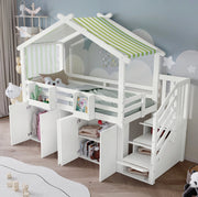 Letto a castello per bambini 90x200 cm con scala contenitore; armadio e vani portaoggetti; bianco e verde