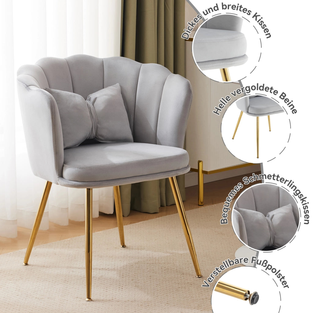 Fauteuil in velluto con schienale a petalo, cuscini e gambe in metallo dorato, grigio set 2 pezzi