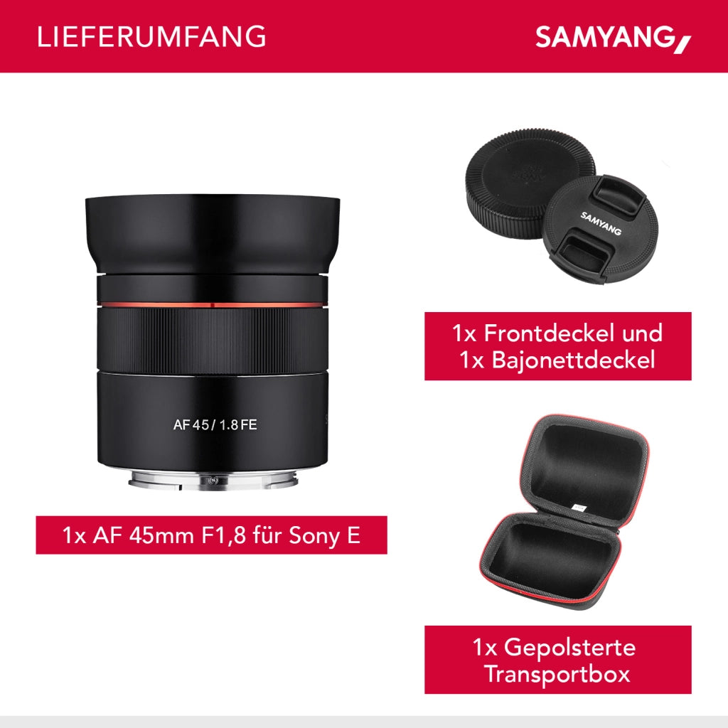 Obiettivo fotografico AF 45 mm compatibile con Sony FE, per full-frame e APS-C, Lunghezza focale fissa, autofocus e angolo di campo di 53°