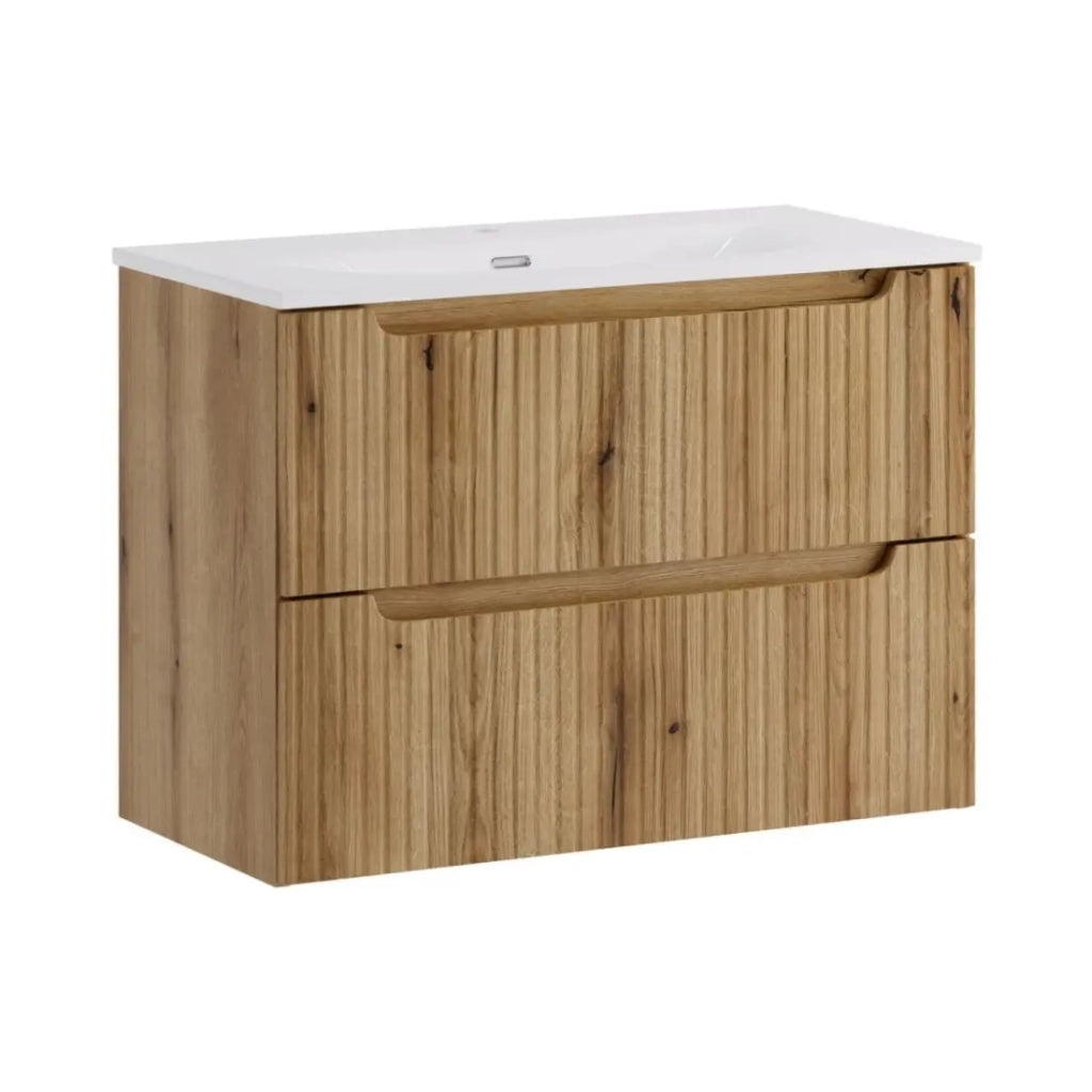 Set da bagno VANO in rovere chiaro 80cm: mobile sotto lavabo con cassetti e frontale scanalato + lavabo incassato