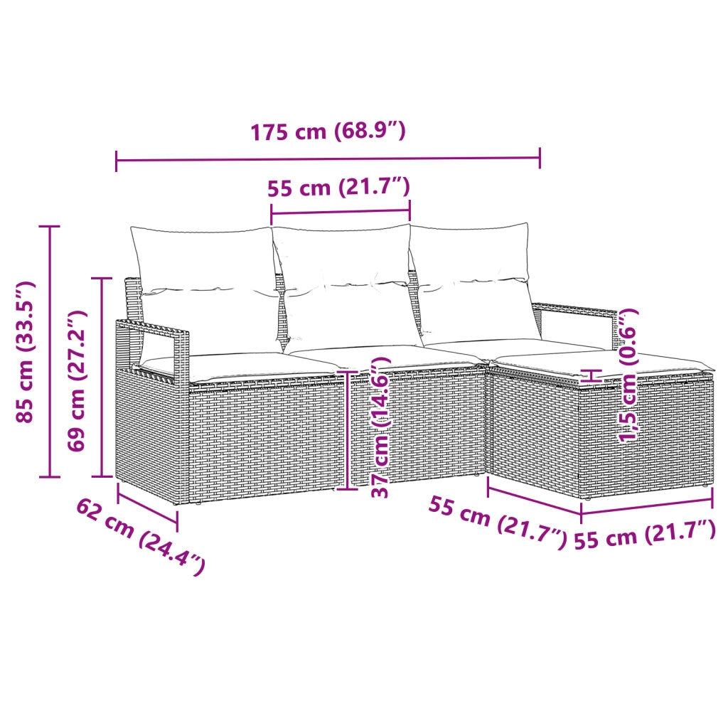 Set Divano da Giardino  a 4 Pezzi con Cuscini Grigio Polirattan