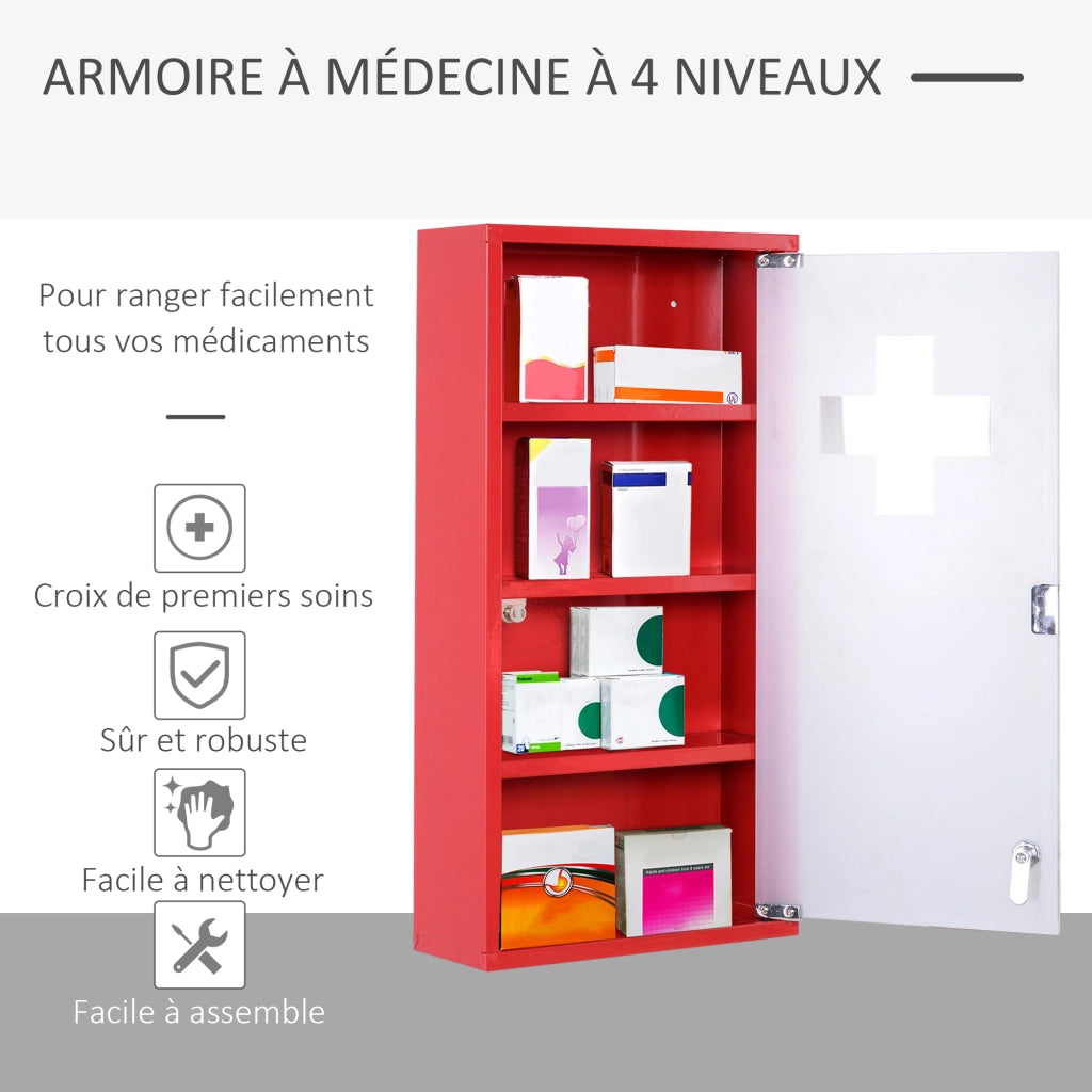 Armadio Farmaceutico con 3 Ripiani e 4 Livelli ¨C Zephmum ¨C Porta in Vetro Temperato, Colore Rosso, Dimensioni 30x12x60 cm