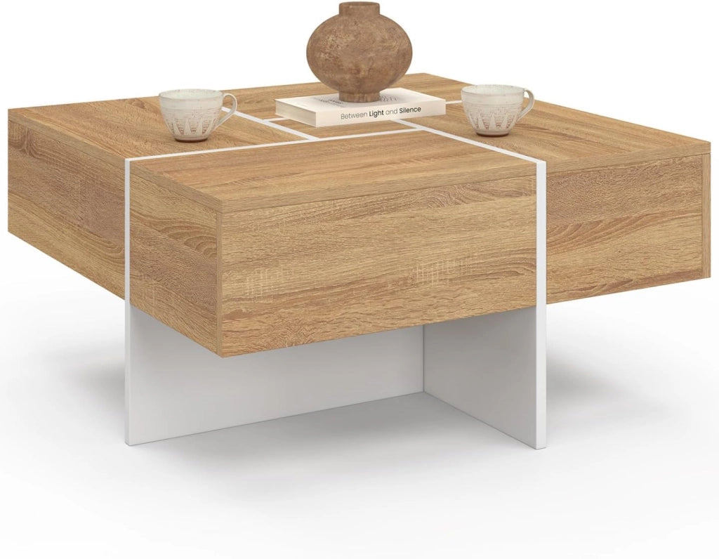 Tavolino quadrato Talia 70 cm con cassetti Legno e Bianco