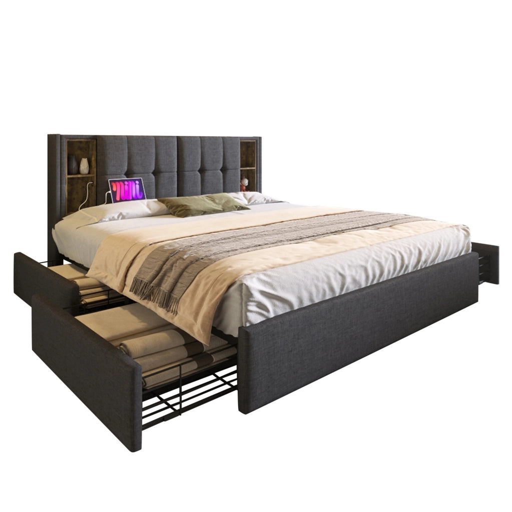 Letto matrimoniale 160x200 cm con ricarica wireless; USB C e 4 cassetti; lino grigio