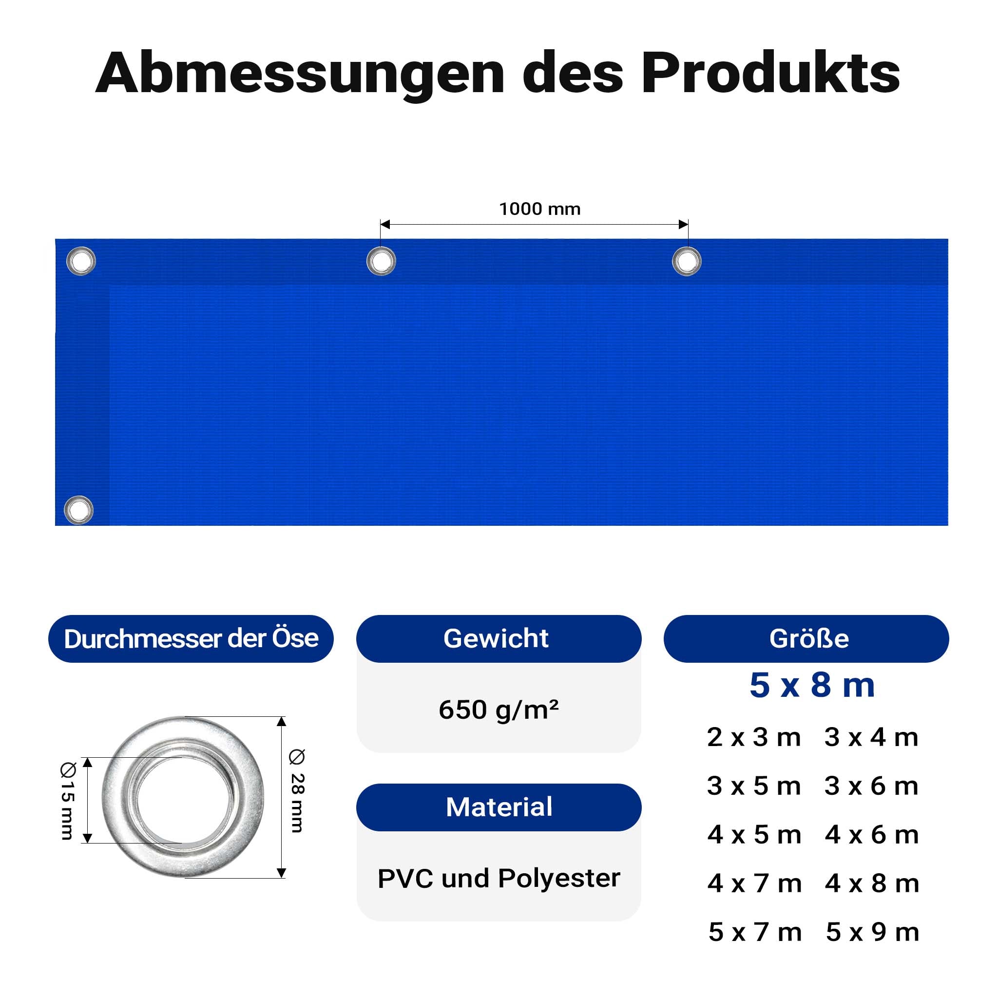 Telone occhiellato blu 5 x 8 m resistente alle intemperie e a raggi UV, impermeabile, robusto telo di protezione in poliestere 650 g/m² con rivestimento in PVC