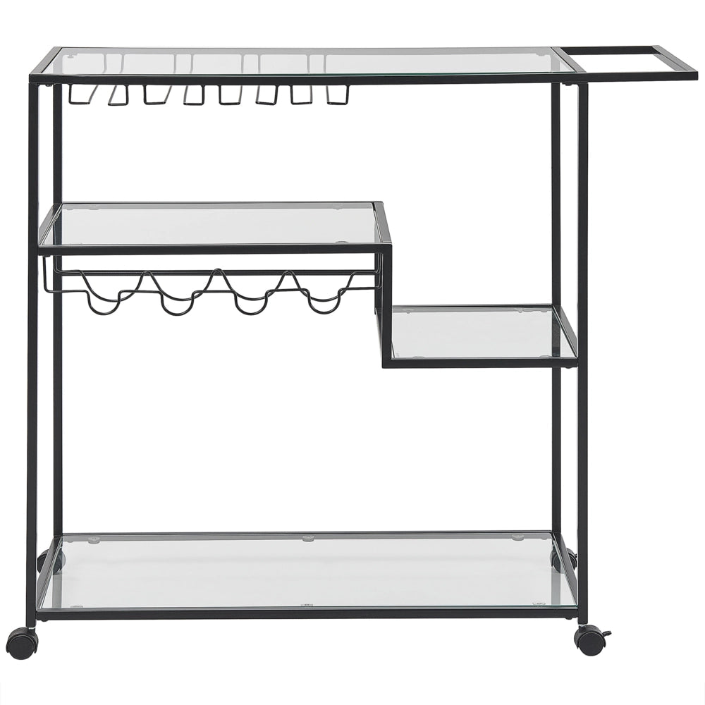 Carrello Cucina Ferro Nero Vetro Temperato 86 x 40 cm Ruote Industriali con Freni Portabottiglie Ripiani Sala da Pranzo
