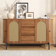Credenza Ovale con Ante a Scorrimento in Rattan, Cassetti e Ripiani ¨C MINIMAL ¨C Legno e Metallo