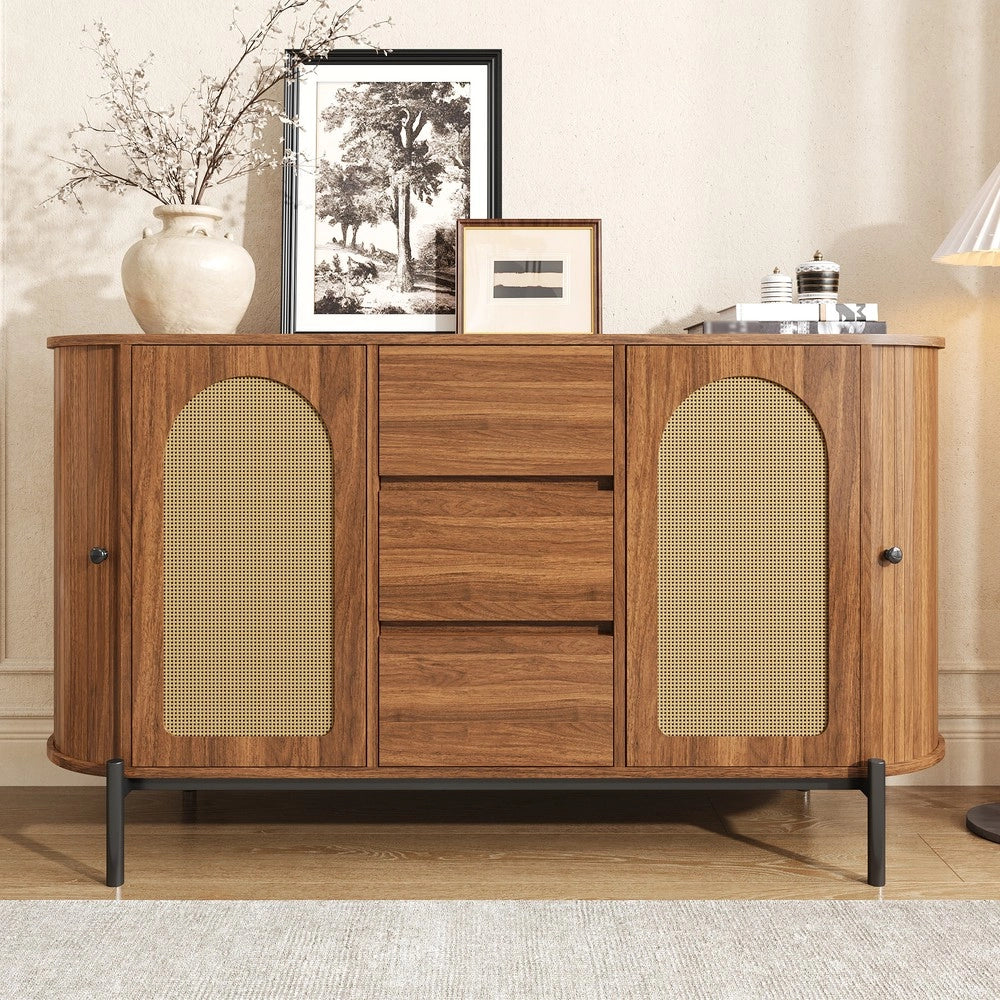 Credenza Ovale con Ante a Scorrimento in Rattan, Cassetti e Ripiani ¨C MINIMAL ¨C Legno e Metallo