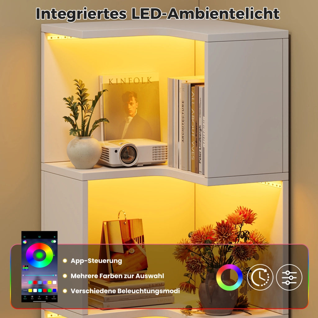 Libreria ad angolo a L con illuminazione LED e doppio cassetto