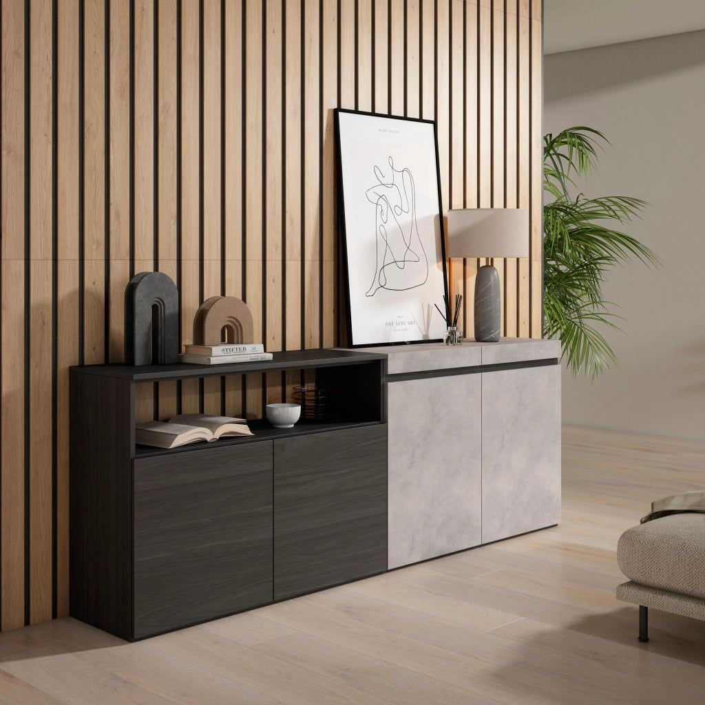 Credenza, Mobile, 200x35x75cm, 4 Porte, grande stoccaggio, grigio cemento RF2407
