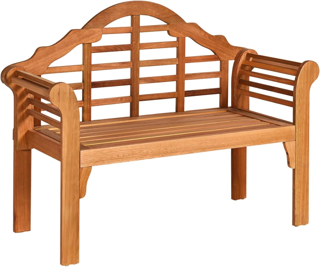 Panca da giardino pieghevole in legno per 2 persone, panca da giardino dal design elegante con schienale inclinato e braccioli ergonomici, panca da esterno di carico 320 kg per giardino