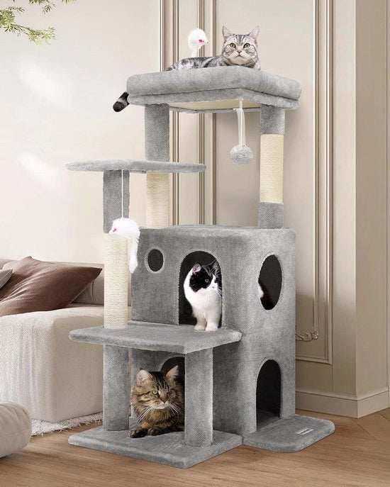 Cat tree con 2 ampie nicchie, piattaforma alimentata, scivoli in sisal, giocattolo morbido per gatti, torre stabile per gatti 127 cm alta per gatti neonati e grandi - Grigio chiaro (FC50)