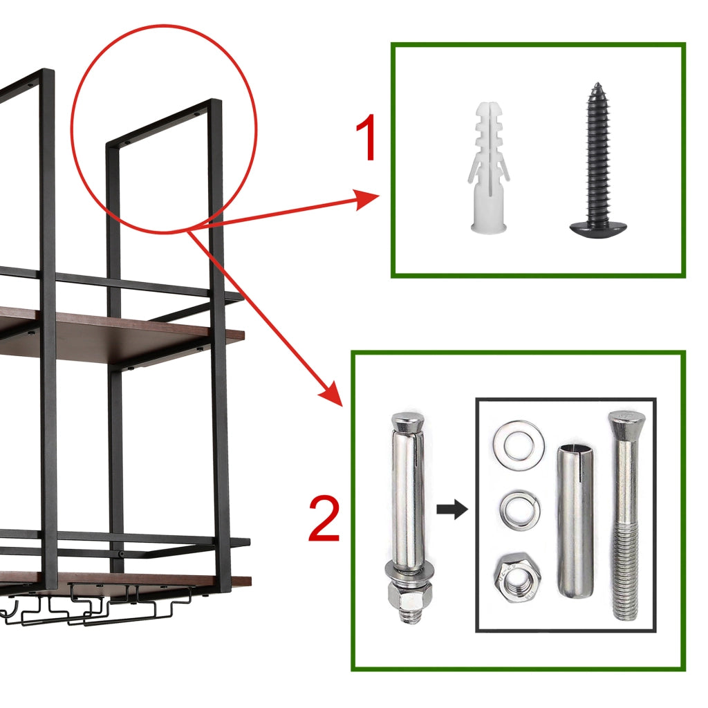 Portabottiglie Sospeso da Soffitto Hubro con Binari per Calici e Ganci per Tazze 120x30x85 cm Nero/Effetto Noce [en.casa]