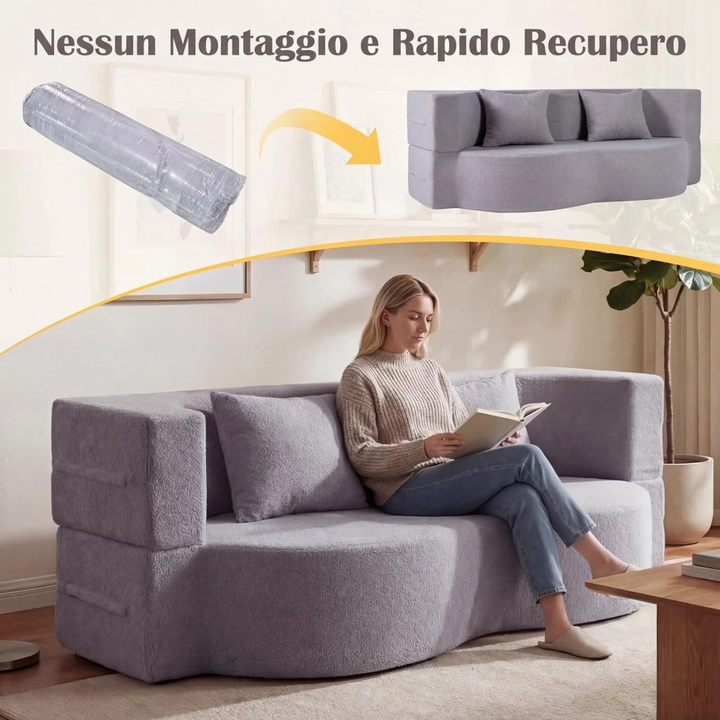 2 in 1 Divano Letto Pieghevole, Divano a 2 Posti in Pile Teddy con 2 Cuscini Comodi, Nessun Montaggio, Divanetto Convertible Moderno per Soggiorno Camera Ospiti, 192,5x84x62 cm (Grigio)