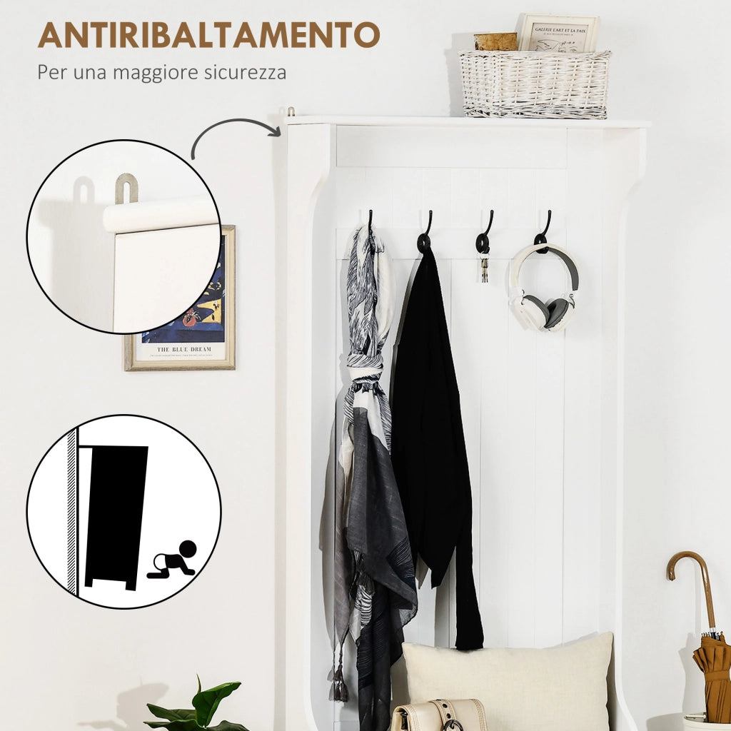 Appendiabiti da Terra Moderno 3 in 1 con 4 Ganci, Panca Contenitore e Attaccapanni, Salvaspazio Mobile da Ingresso, Corridoio, Camera da Letto in Legno, 71.5x39.5x170 cm, Bianco