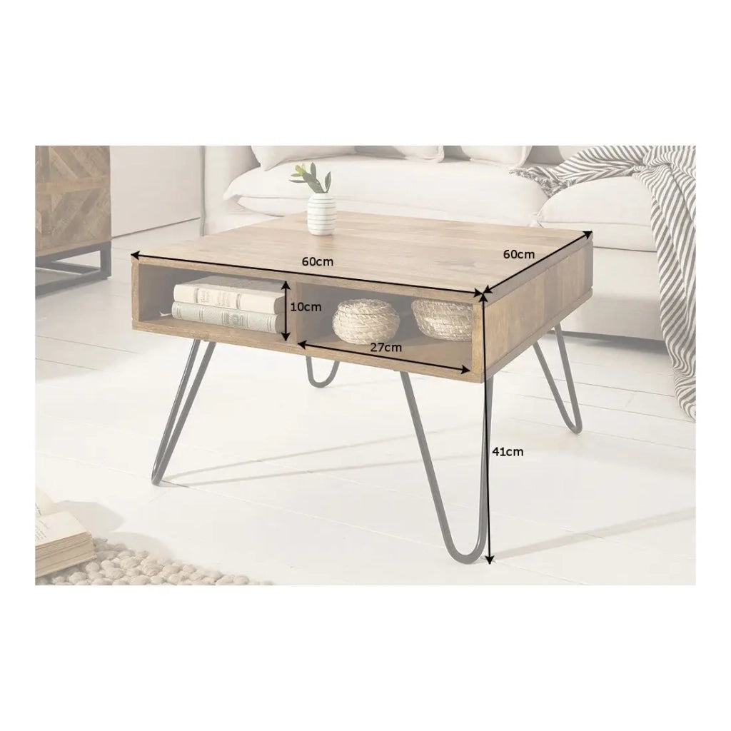 Tavolino SILVA 60 cm in legno di Sheesham massiccio e metallo nero – 2 vani