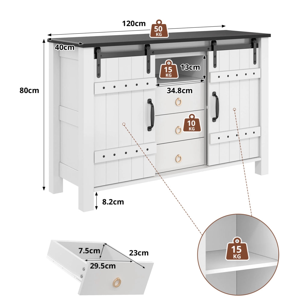 Credenza moderna 120 cm bianca con ante scorrevoli e 3 cassetti