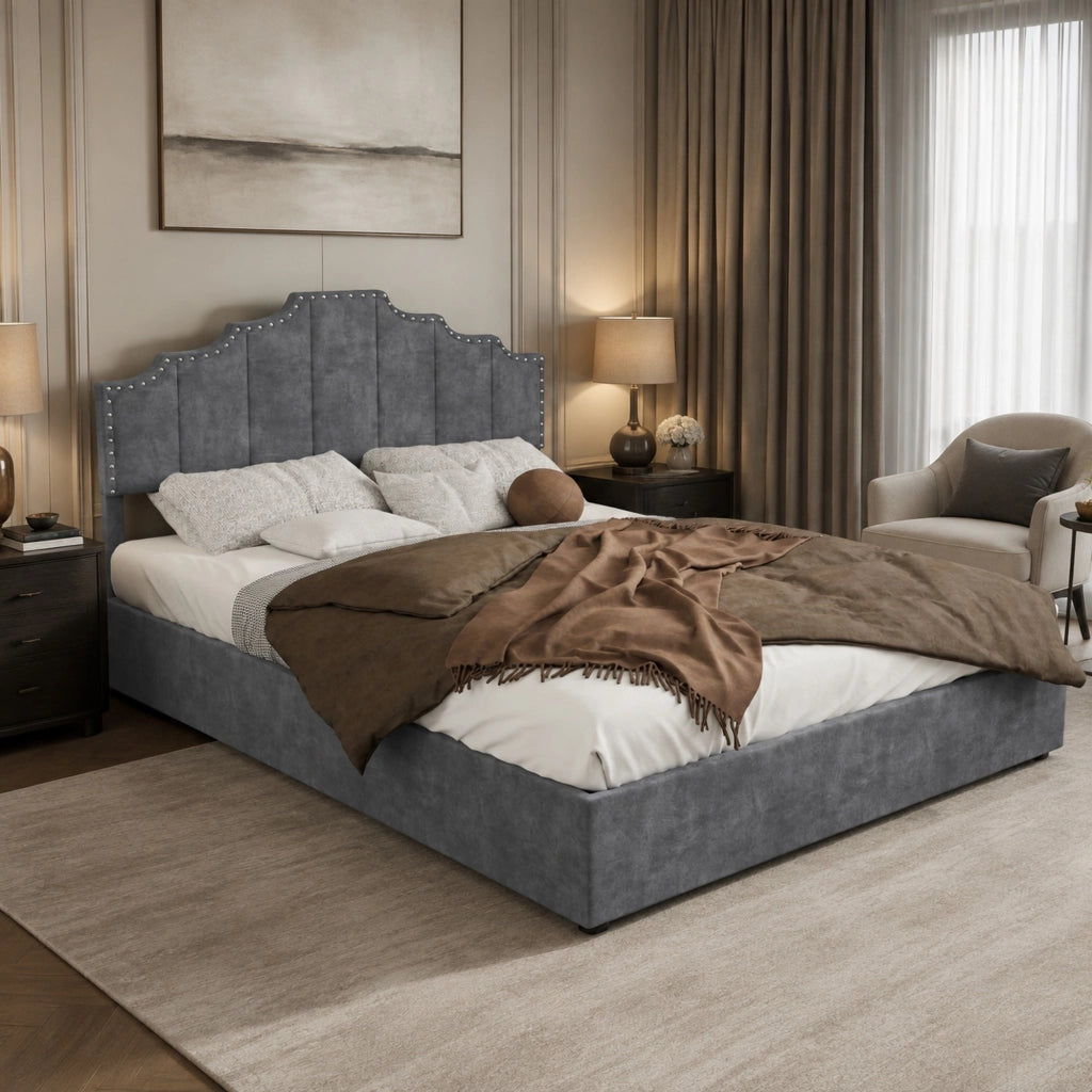 Letto contenitore 140 × 200 cm con testiera imbottita geometrica in velluto grigio e rete a doghe