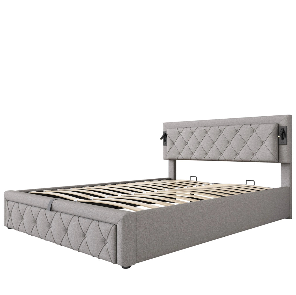 Letto matrimoniale imbottito con contenitore; luce integrata e porte USB; in lino grigio