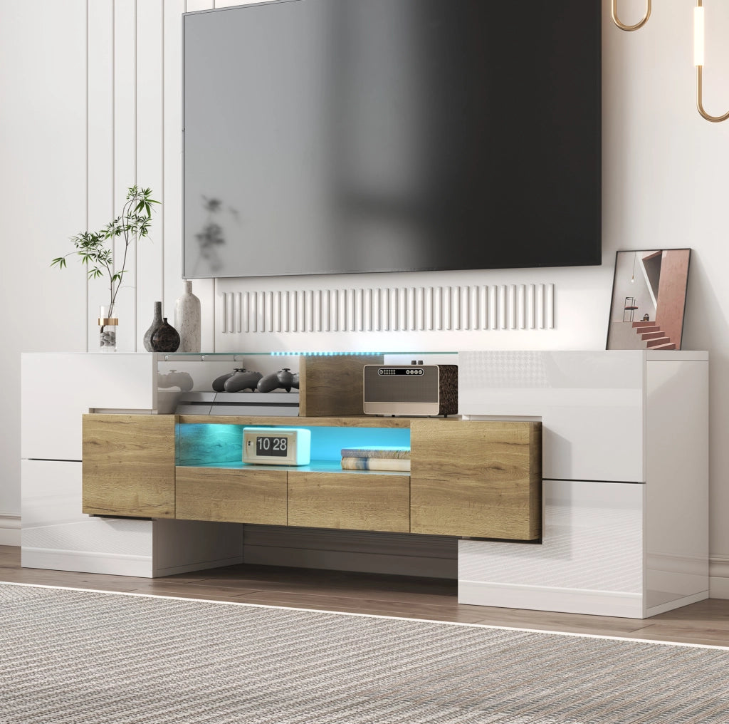 Mobile TV moderno con LED 145 cm; bianco e oro; in MDF con ante e cassetti