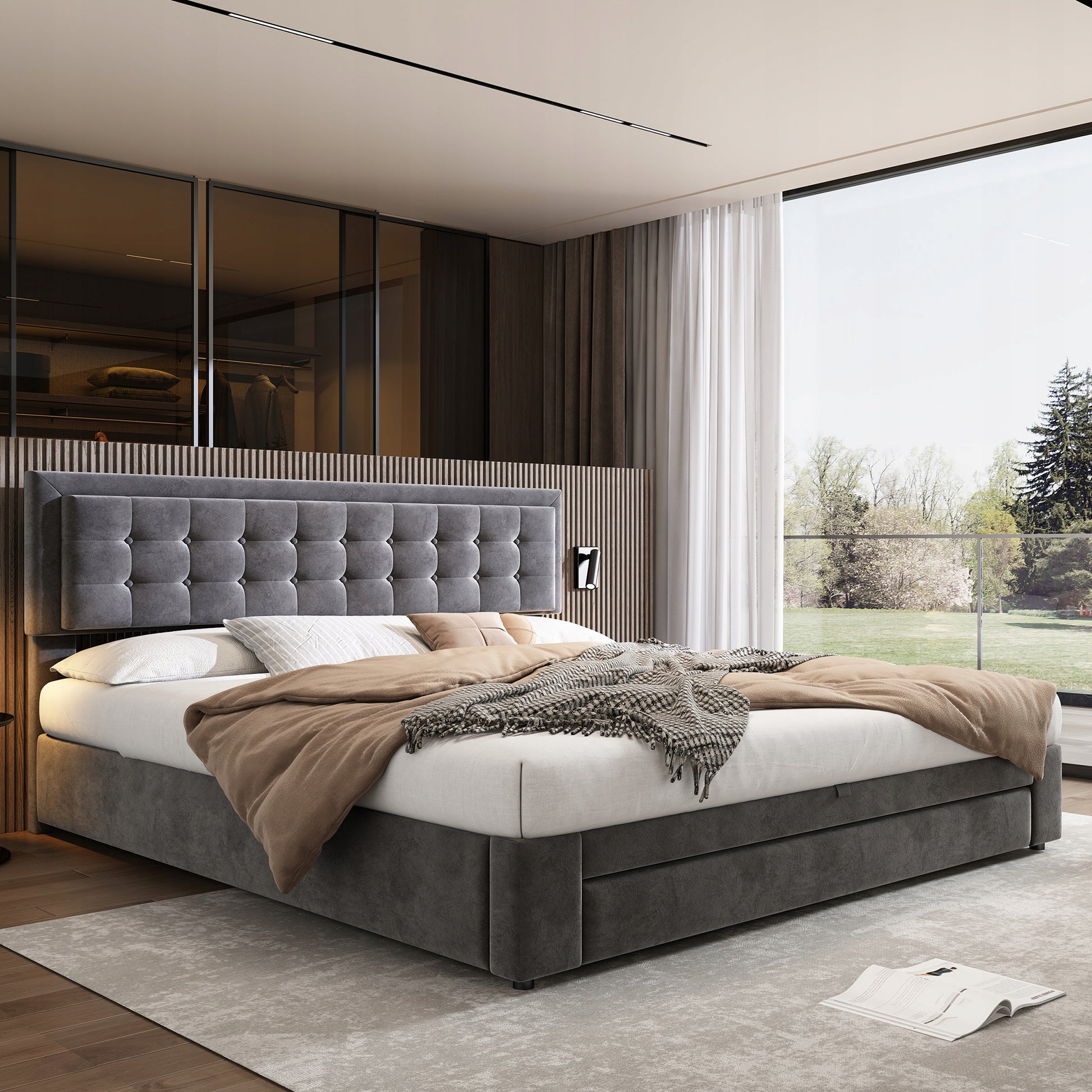 Letto imbottito 160x200 - Xylo - Grigio con contenitore
