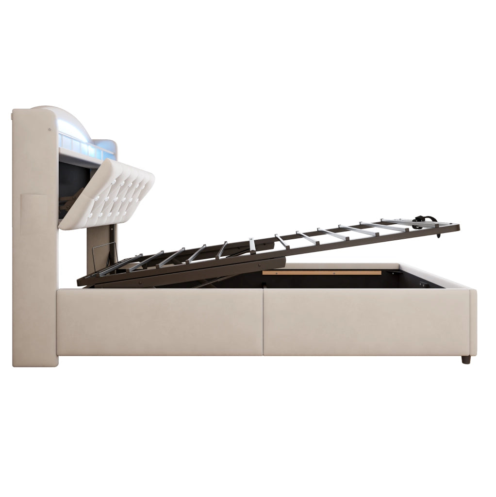 Letto imbottito per bambini 90x200 cm in velluto beige con LED; USB e vano contenitore
