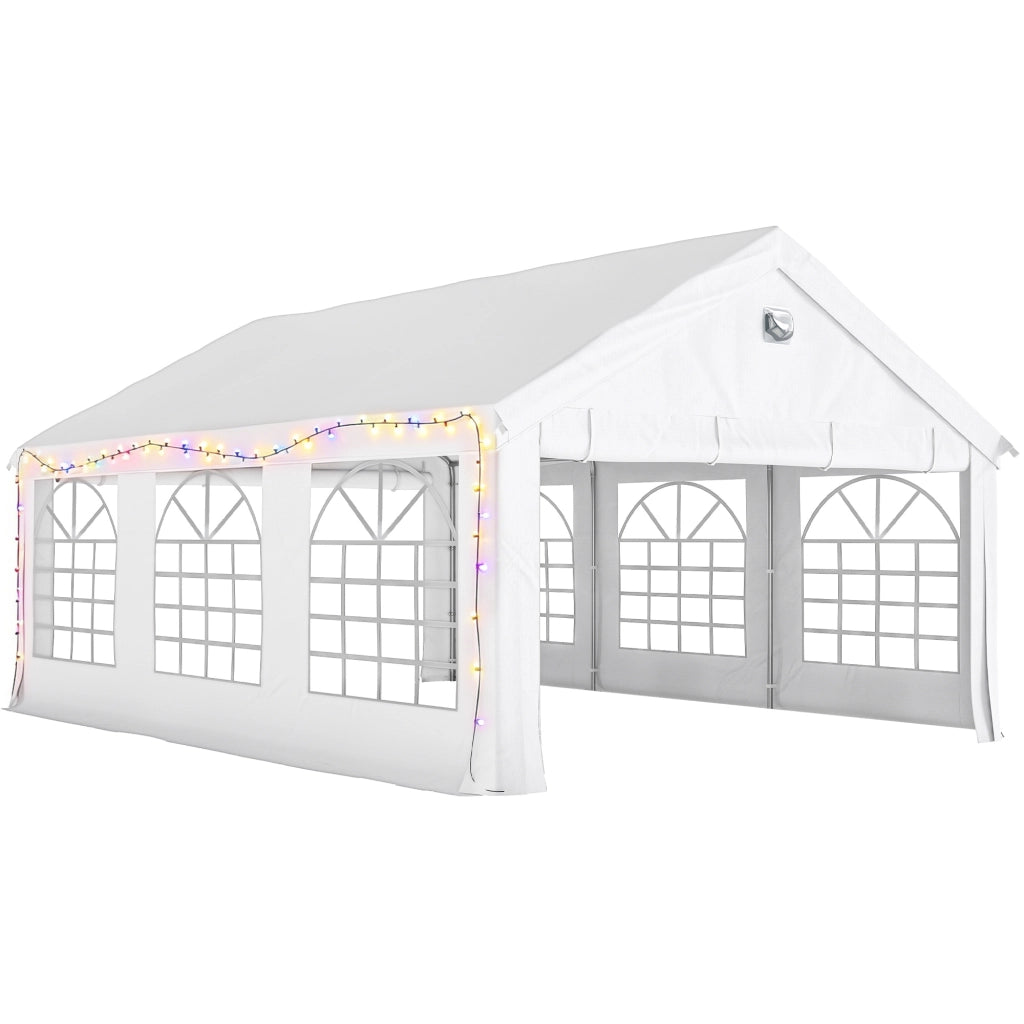 Tendone da Giardino Gazebo per Feste 598x394x302 cm con Finestre e 4 Pareti Laterali Rimovibili in Acciaio e PE Bianco
