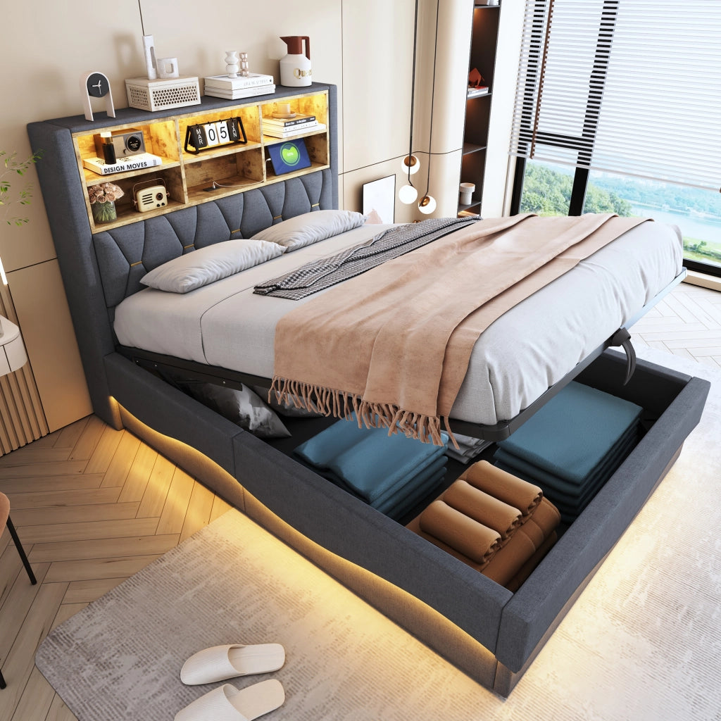 OKWISH Letto Contenitore 140×200 cm, Letto Matrimoniale con LED, USB e Vano a Giorno, senza Materasso, Grigio