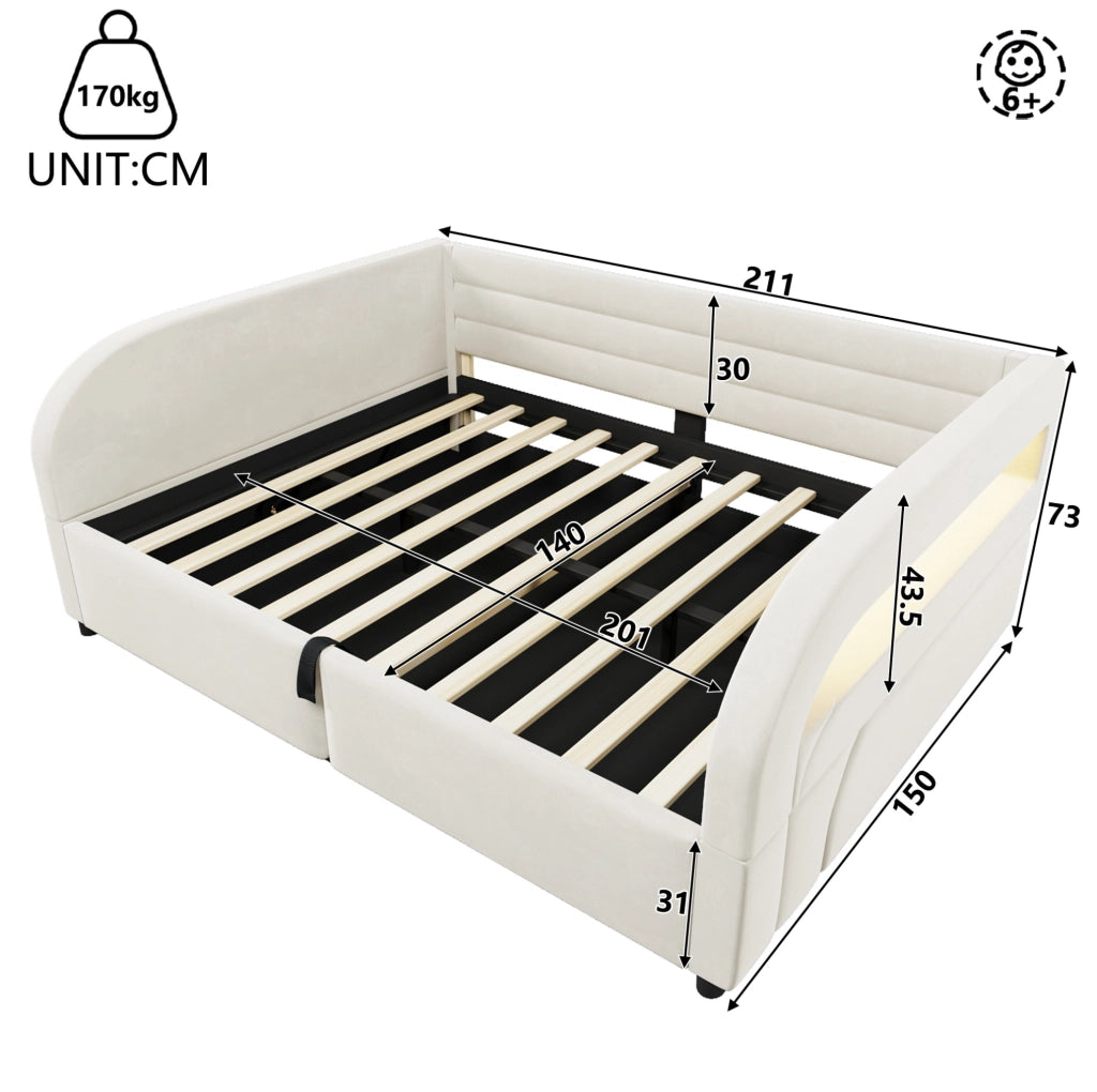 Letto imbottito 140x200 cm con contenitore idraulico e LED RGB in flanella beige