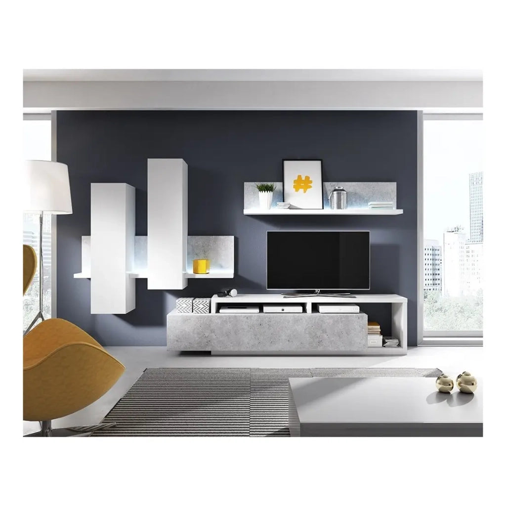 Scaffale da muro design 150 cm colore bianco e grigio effetto cemento – Collezione BERGAMO